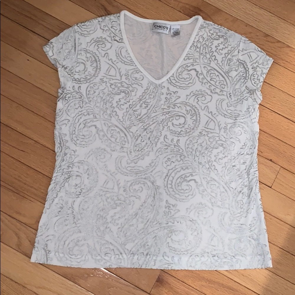 Chico’s white and silver vneck T-shirt